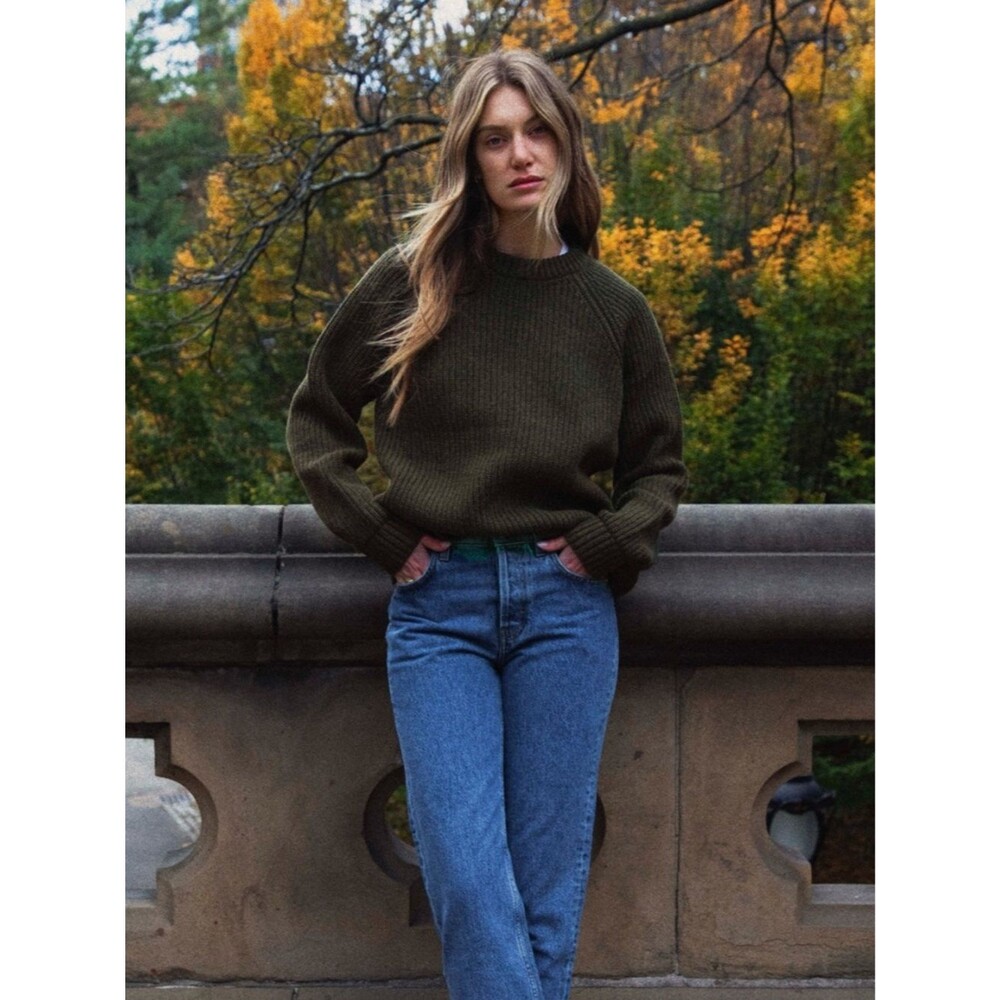 Yellow the Label Crewneck Knit Sweater in Dark Olive